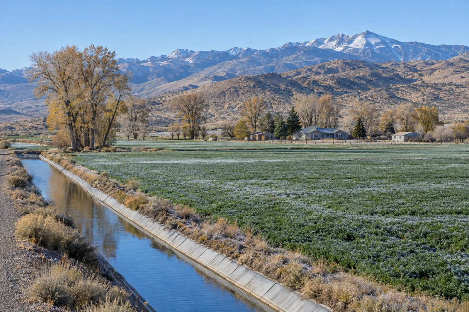 Irrigated fields, a canal and ranch homes in the Lahontan Valley on a frosty winter day