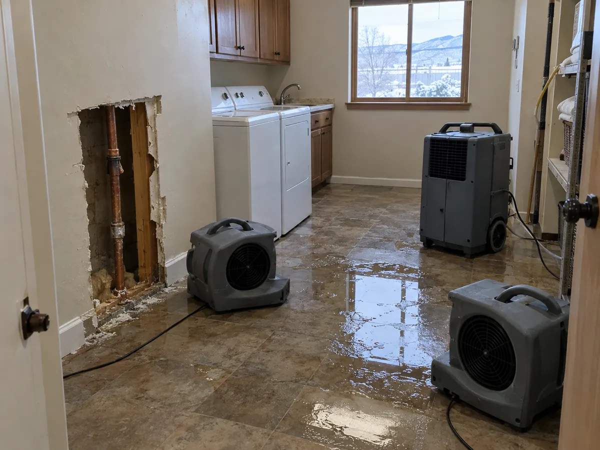 Drying equipment and an opened wall exposing a pipe after a freeze